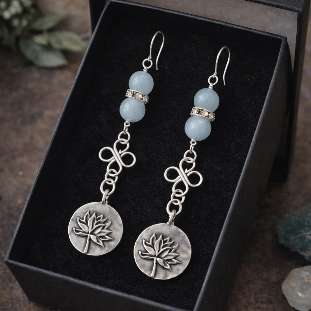 Lotus Rising Aquamarine Gemstone Earrings – Artisan Silver Drop - Picture 4 of 5